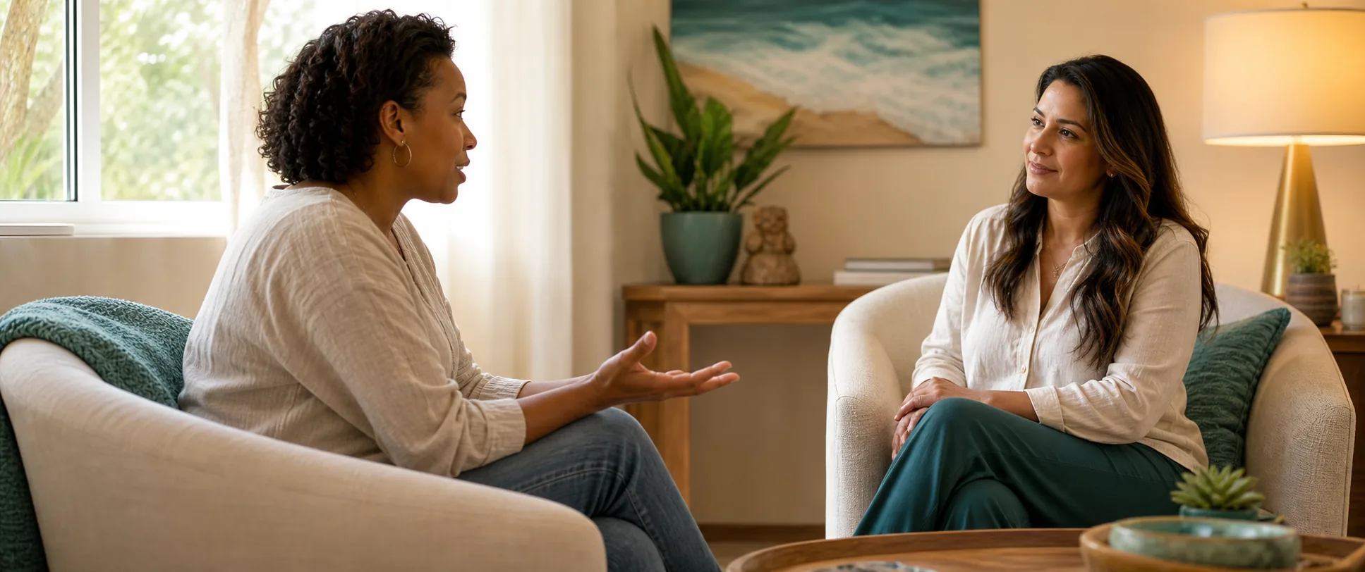 Two women sitting together in conversation, one listening attentively