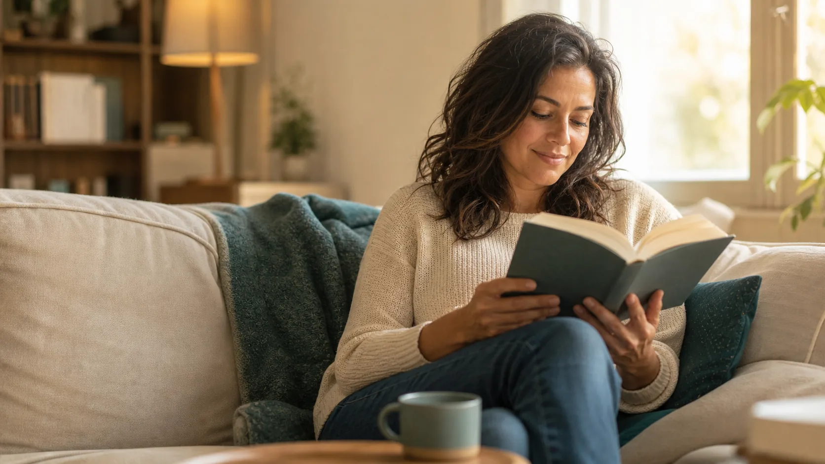 A woman reading on a sofa with a mug beside her in soft afternoon light