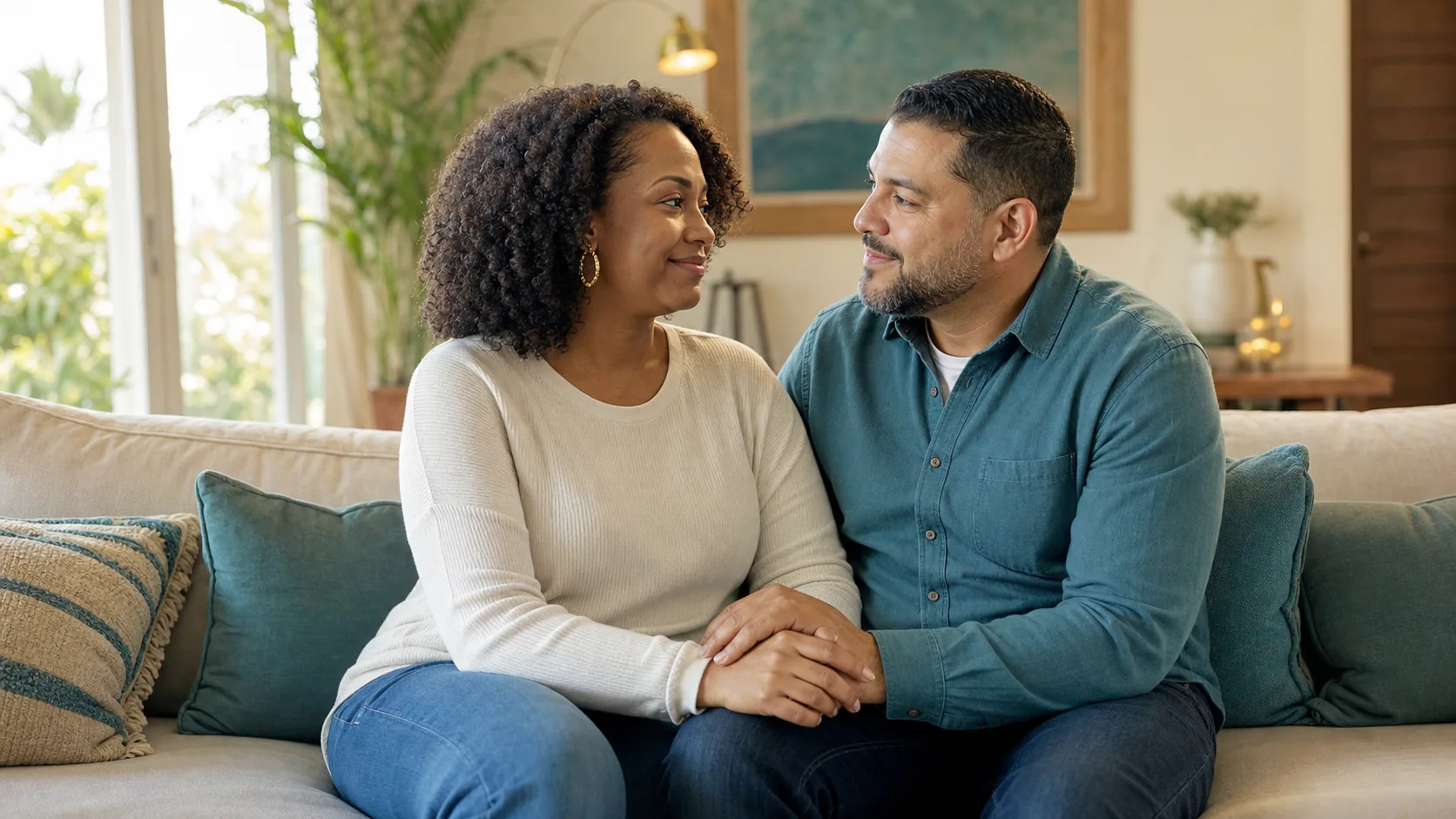 A couple sitting close together on a sofa, hands joined, smiling at each other