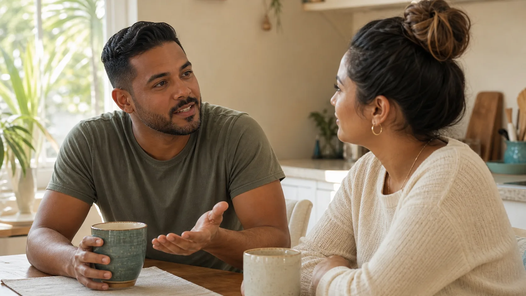 Two people at a kitchen table, one explaining something while the other listens