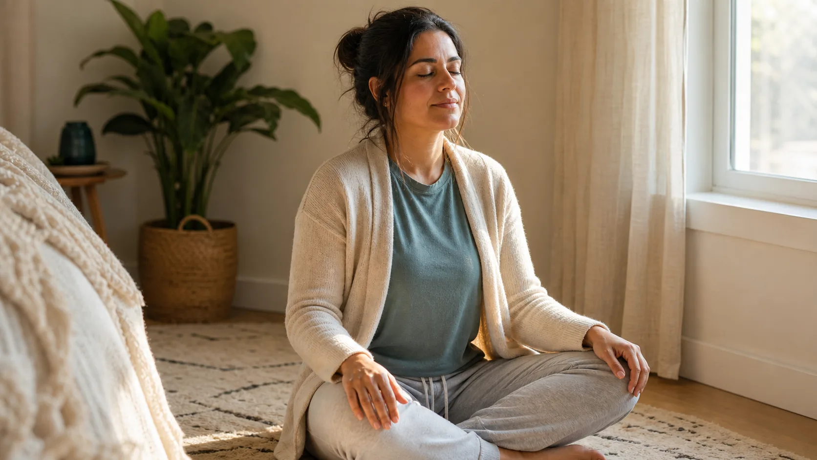 A woman sitting cross-legged near a window, eyes closed, mid-breath