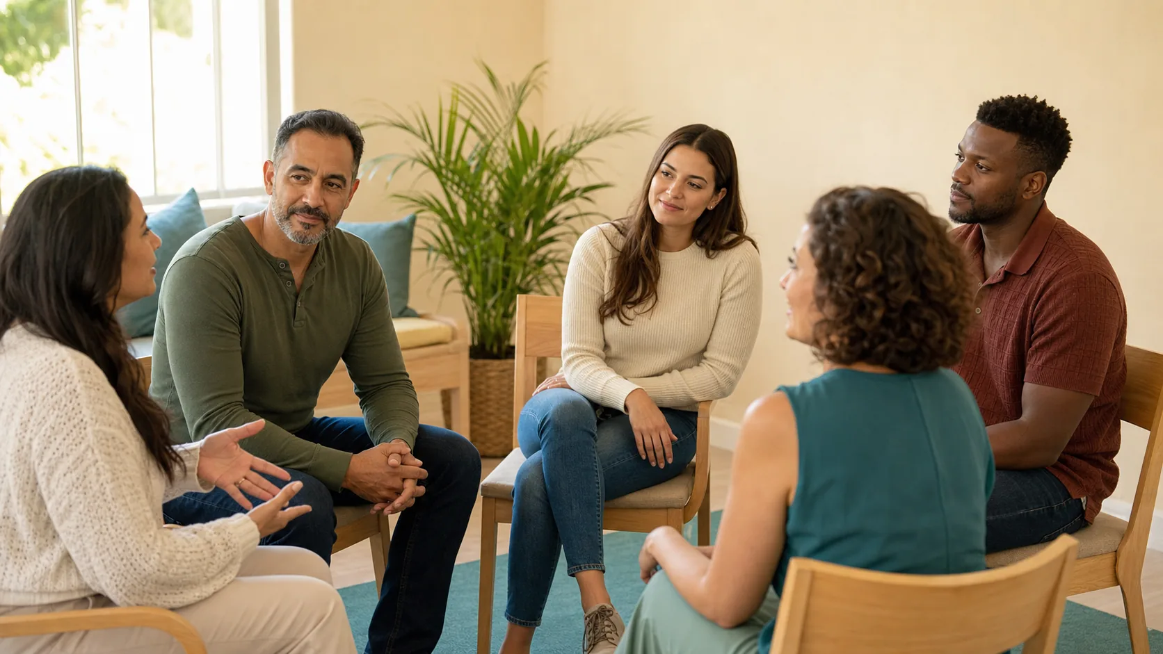 Five adults seated in a circle in a bright room, one speaking and the others listening