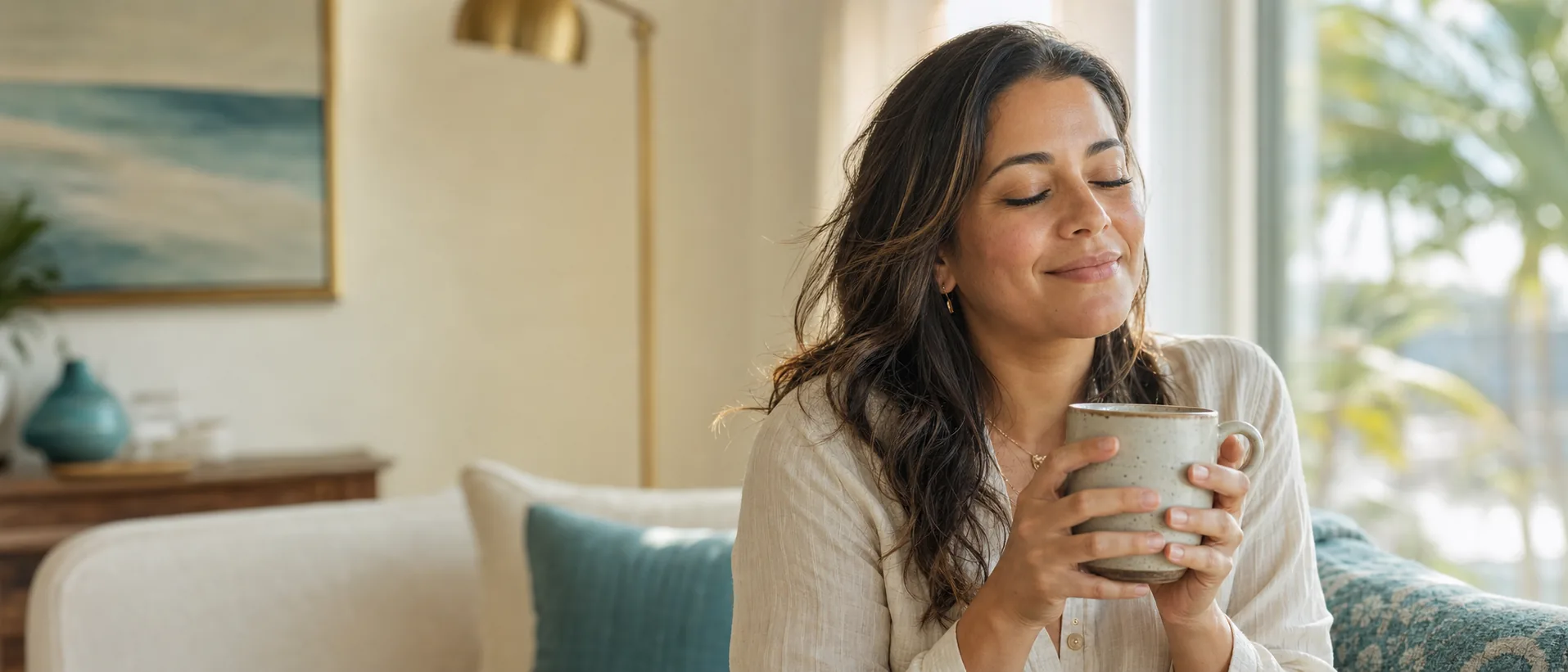 A woman sitting by a sunlit window holding a warm mug, eyes closed, at ease