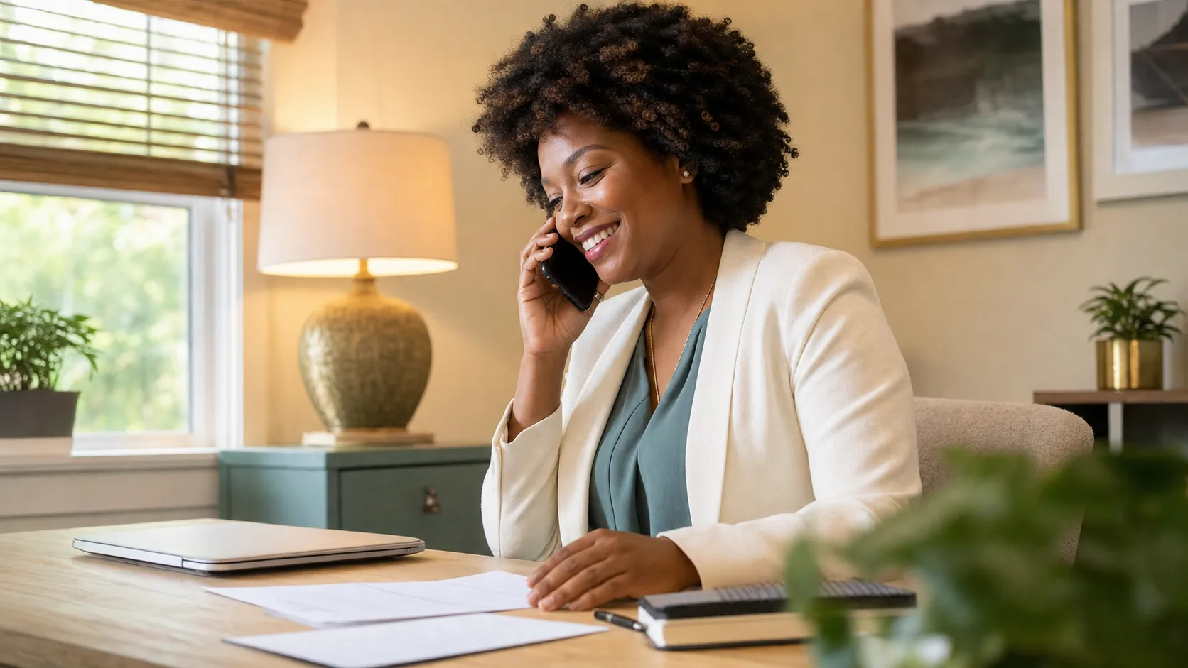 A woman at a desk on the phone, smiling with relief