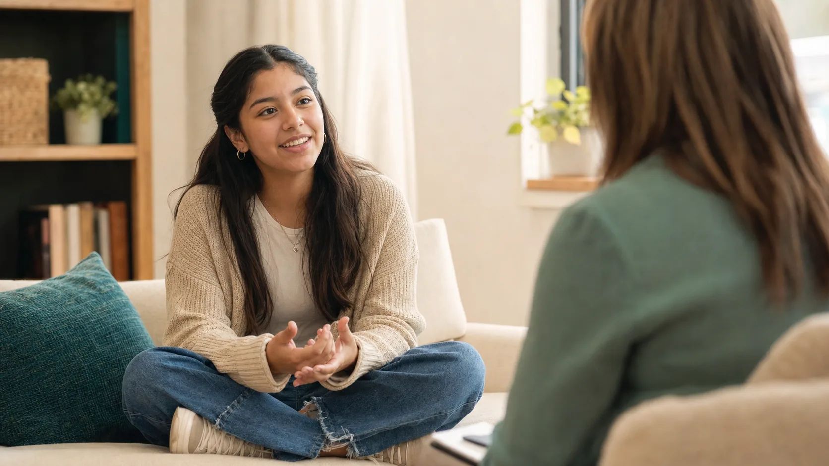 A teenager talking comfortably with a counselor in a bright room
