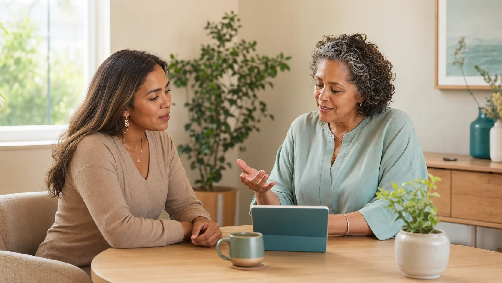 A clinician sitting beside a patient, explaining something together