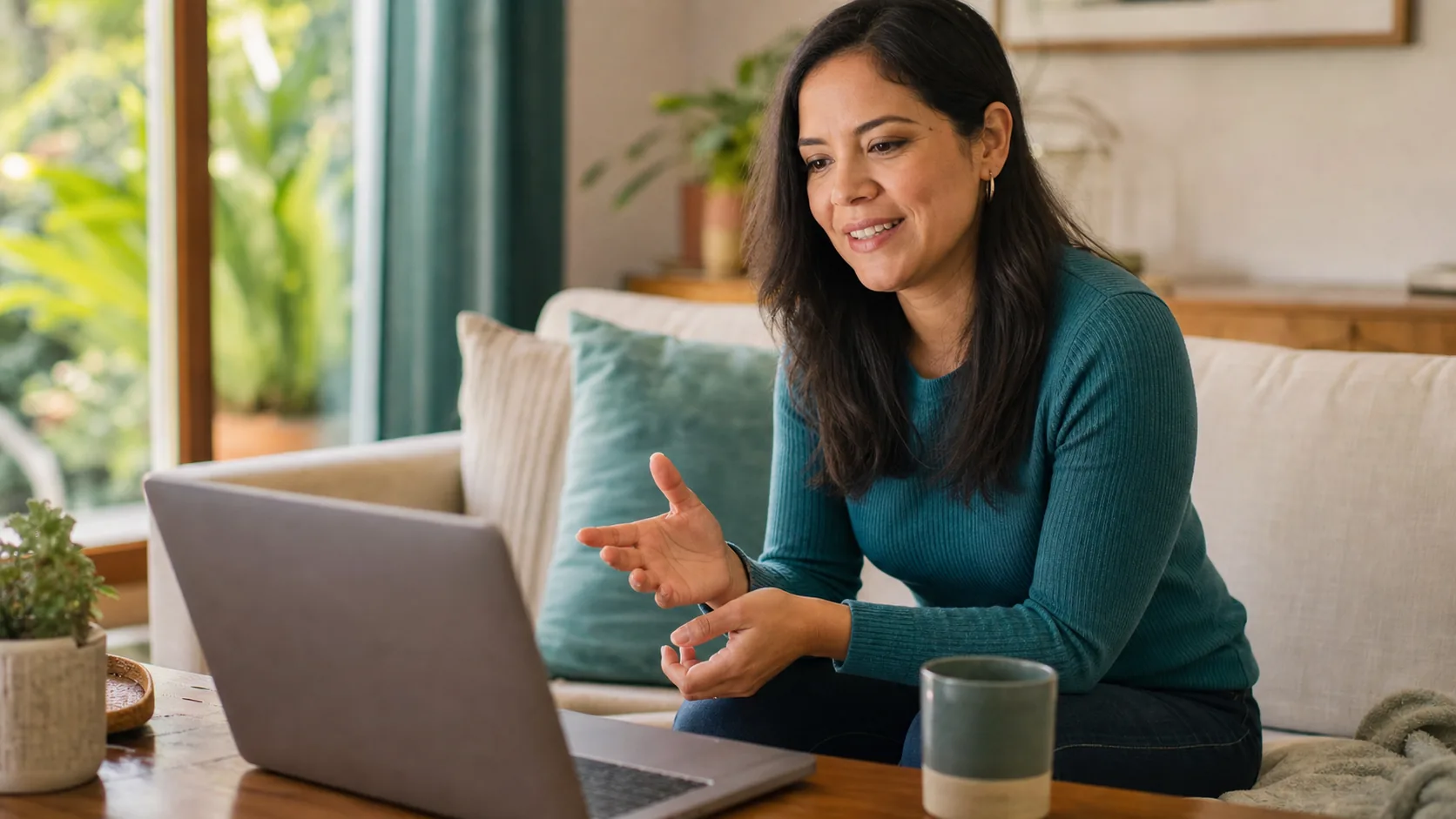 A woman at home on her sofa in a video session on a laptop
